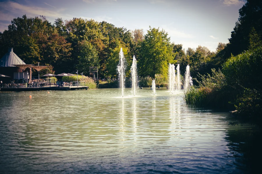 Gestaltete Wasserfläche und Brunnen in einer Parkanlage